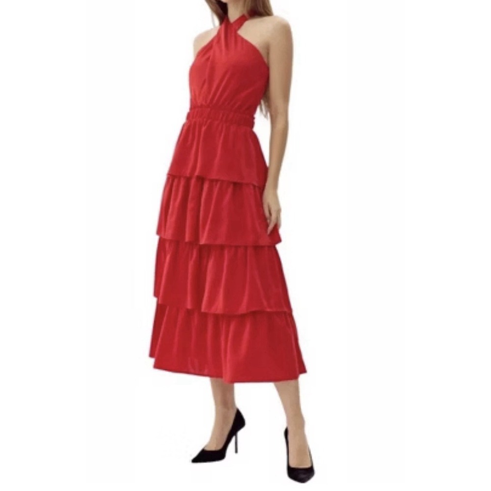 Adelyn Rae Eleanor Halter Tiered Midi Dress Crimson‎ Red Ruffle Wedding Sz Small